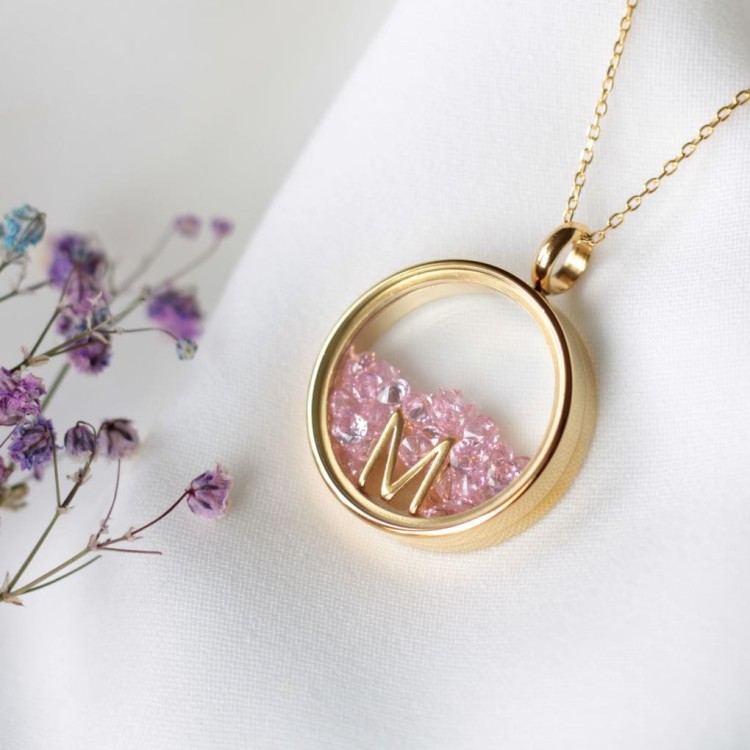 Naszyjnik złoty sekretnik z różową cyrkonią z literką