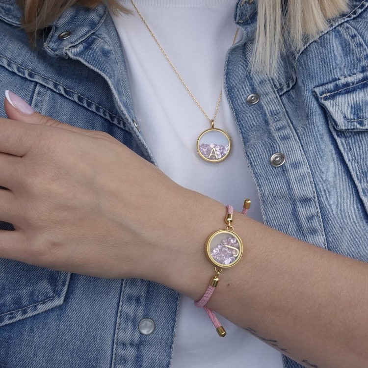 Sekretnik MAXI || Złoty naszyjnik z różową cyrkonią i literką